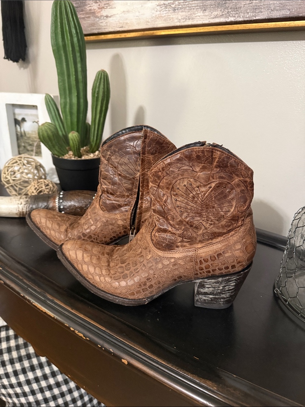 Old Gringo Brown Croc-Embossed Western Ankle Booties
